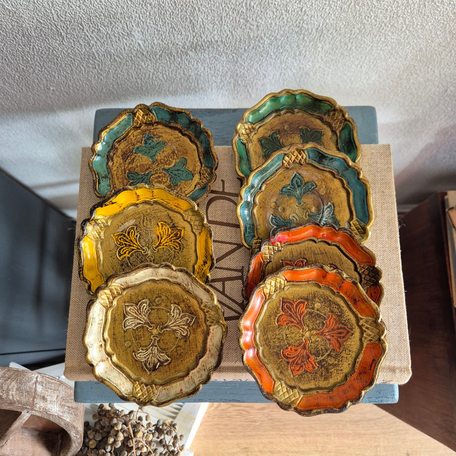 Vintage Florentijnse onderzetters hout jaren 60