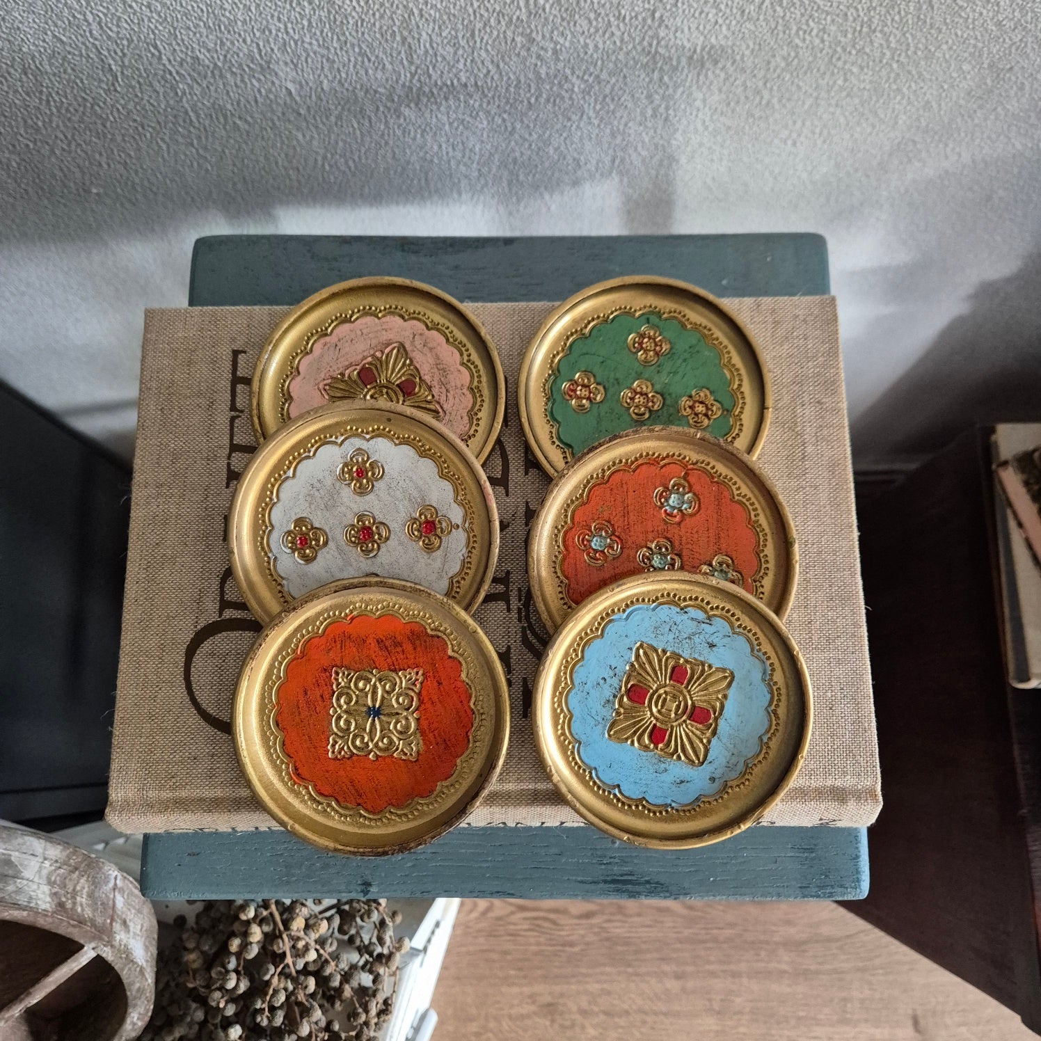 Vintage Florentijnse onderzetters hout jaren 60