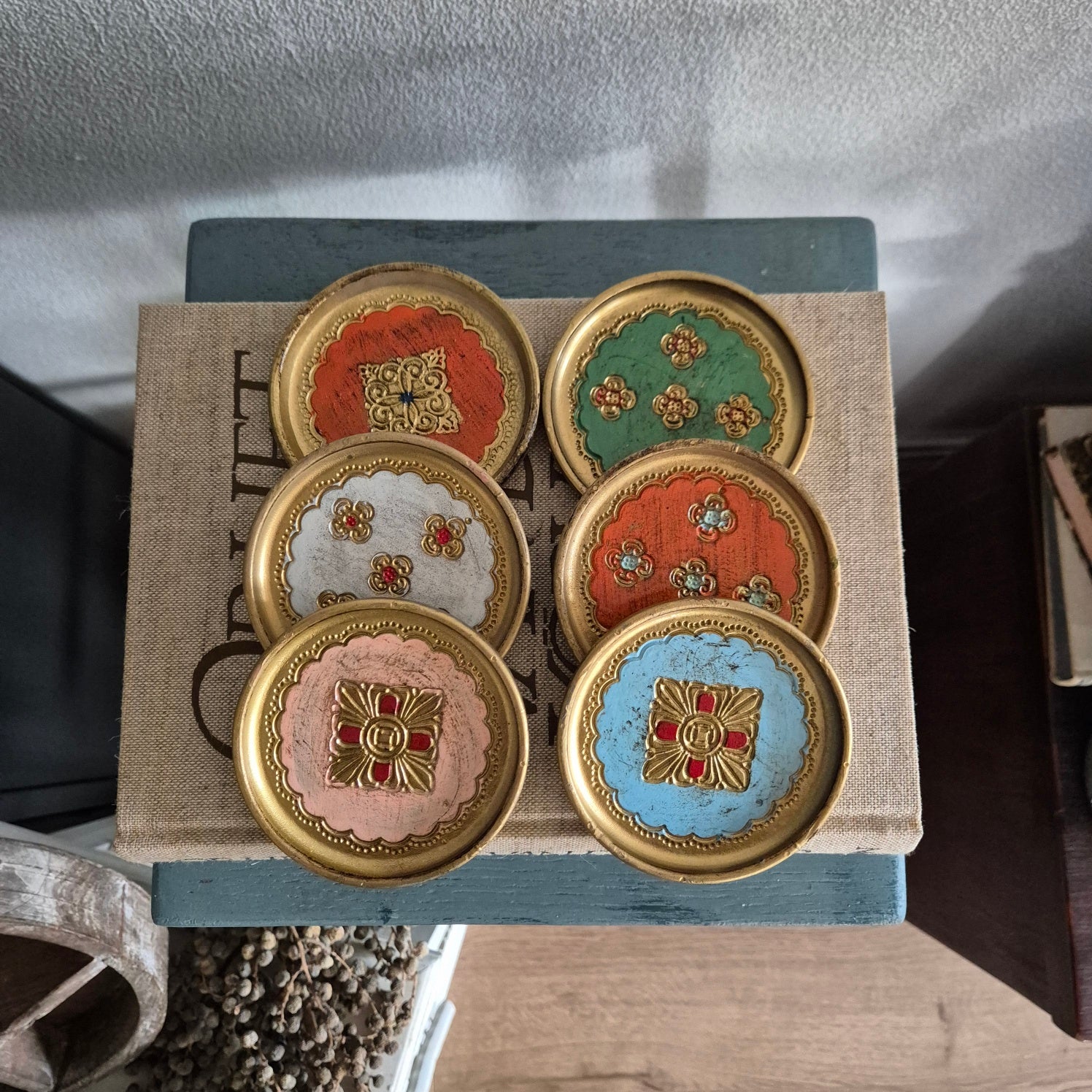 Vintage Florentijnse onderzetters hout jaren 60