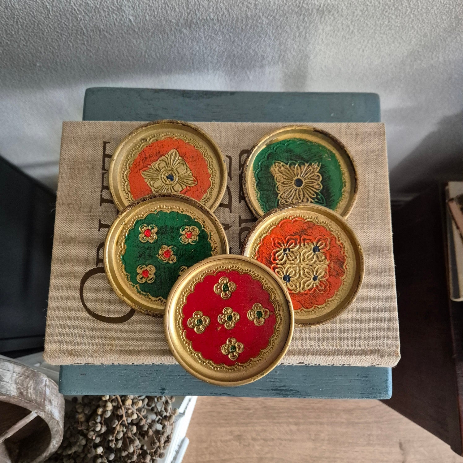 Vintage Florentijnse onderzetters hout jaren 60