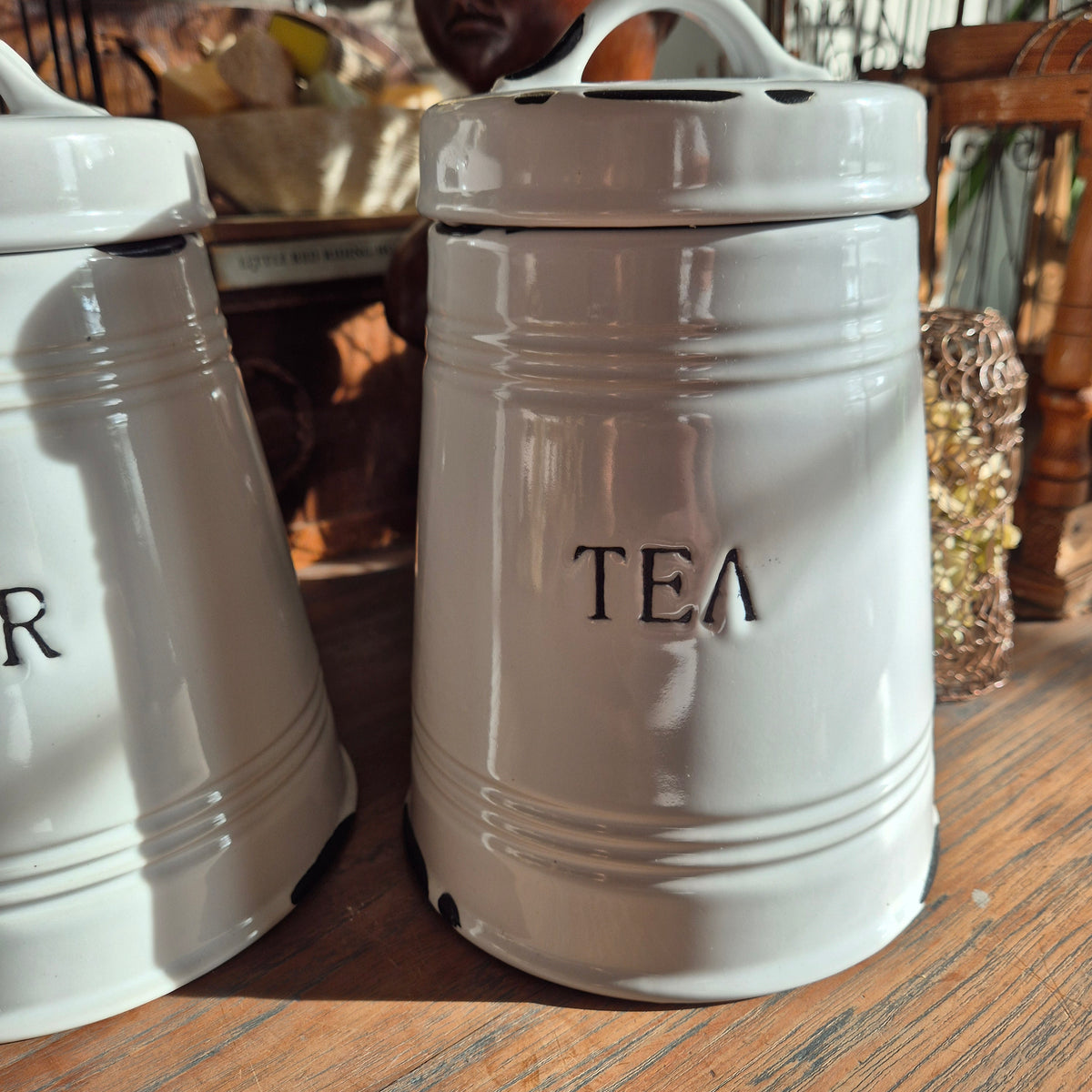 Brocante suiker en thee voorraadpotten
