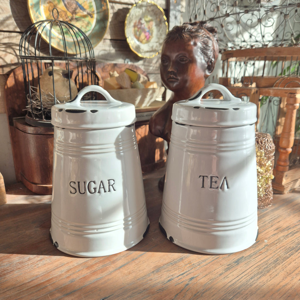 Brocante suiker en thee voorraadpotten
