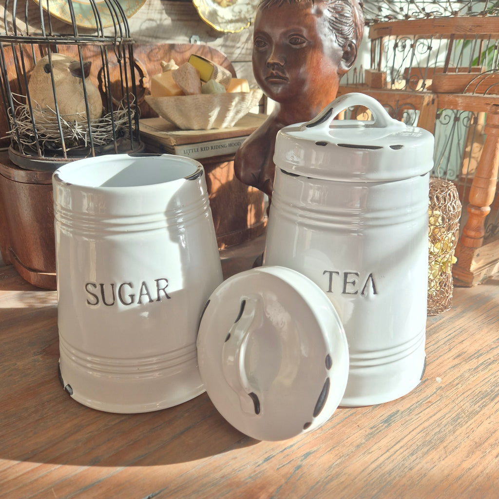 Brocante suiker en thee voorraadpotten